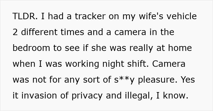 Summary of spying with tracker and camera to monitor wife's location