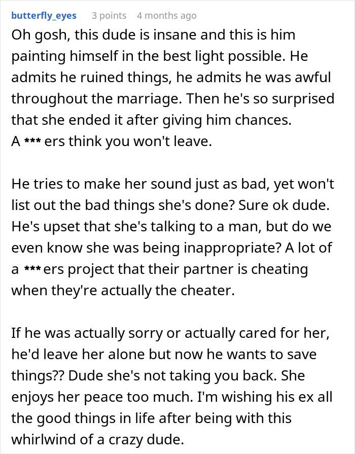 Critique of man admitting faults but still trying to save marriage after spying.