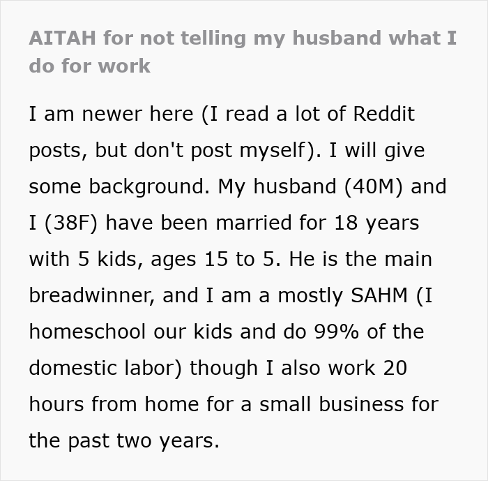 A Reddit post titled AITAH for not telling my husband what I do for work, addressing a wife's job.