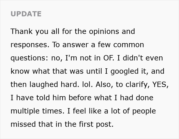 An update from the wife in a relationship where the man was never interested in her job, clarifying questions and responses.