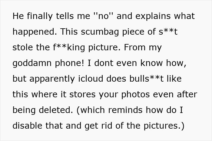 Text from a story, possibly about a man finding his wife's photo on a friend's phone, revealing a shocking theft.