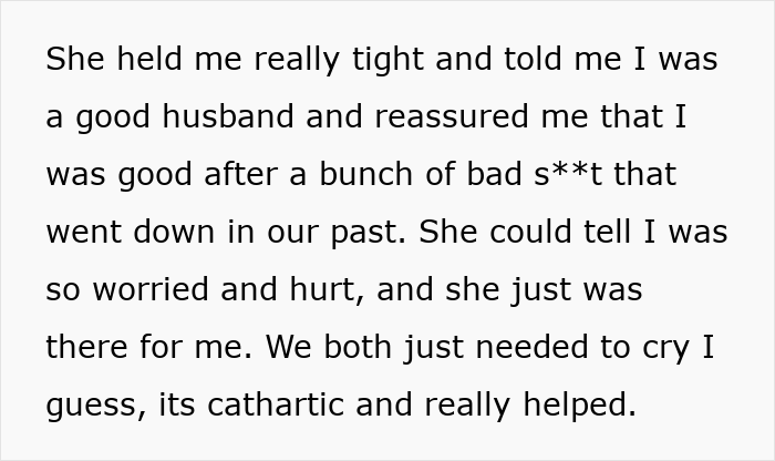 Text excerpt: "She held me really tight and told me I was a good husband..." A man gets to the bottom of the wife's photo mystery.