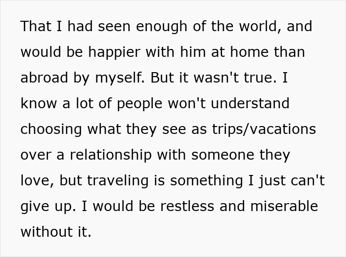 A white page with black text from a woman's dream trip, discussing her impossible choice between travel and a relationship.