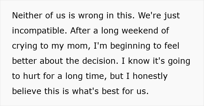 Text: "Neither of us is wrong in this. We're just incompatible... I honestly believe this is what's best for us." An impossible choice.