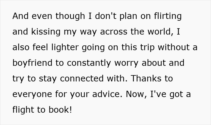 Text on a screen discussing a woman's dream trip and the freedom of traveling solo, avoiding an impossible choice.