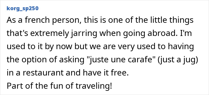 Text comment on free tap water option in restaurants abroad Text comment on free tap water option in restaurants abroad