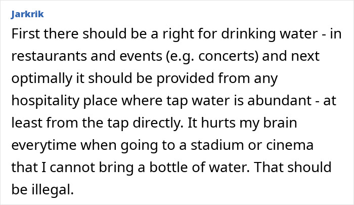 Comment advocating legal right for drinking tap water in hospitality venues Comment advocating legal right for drinking tap water in hospitality venues