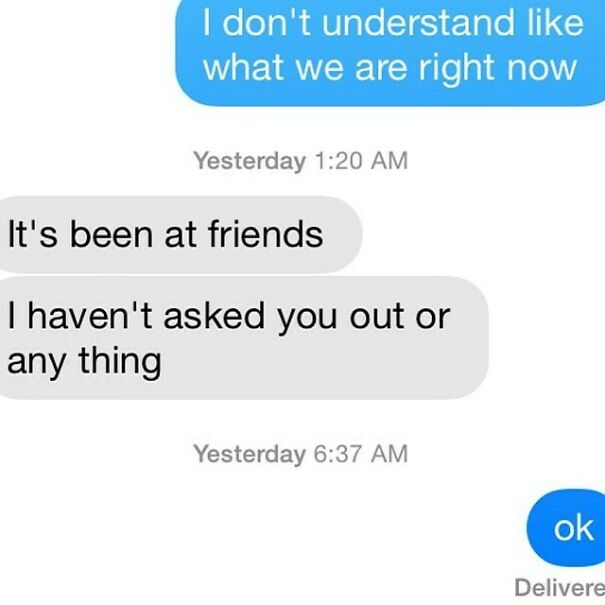 Text conversation showing confusion about relationship status with friend zone mentioned