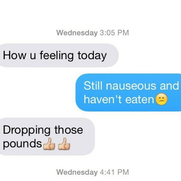Text about feeling nauseous and weight loss response in relationship texts
