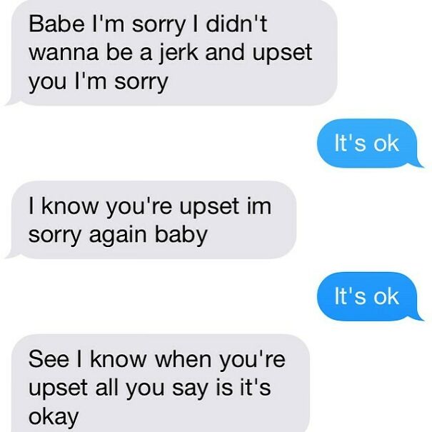 Painful relationship texts showing apology and upset responses in text messages