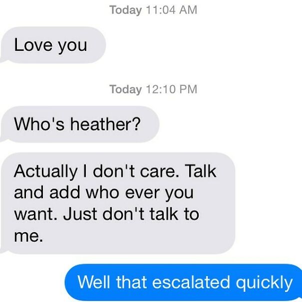 Relationship texts revealing sudden jealousy and escalation