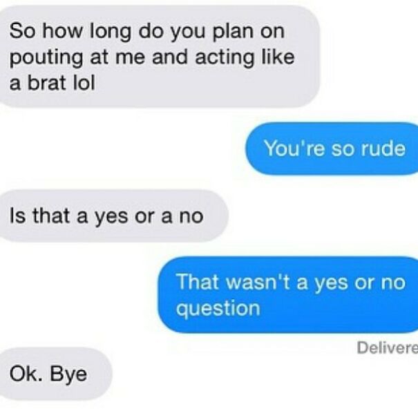Text argument about pouting and rudeness in painful relationship texts