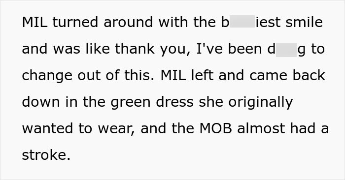 MIL Throws A Pity Party Over Not Wearing Green For Son's Wedding, Plans To Switch Dresses Anyway MIL Throws A Pity Party Over Not Wearing Green For Son's Wedding, Plans To Switch Dresses Anyway
