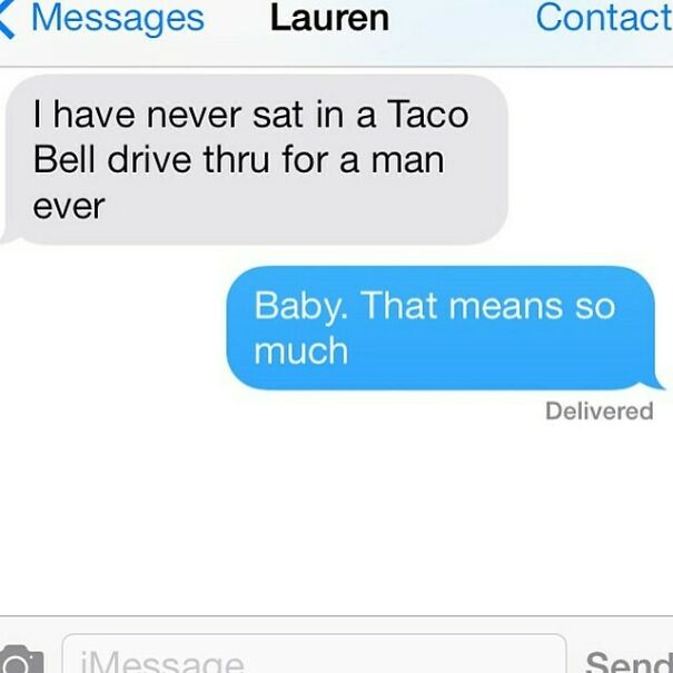 Message about never sitting in Taco Bell drive-thru for a man with loving reply