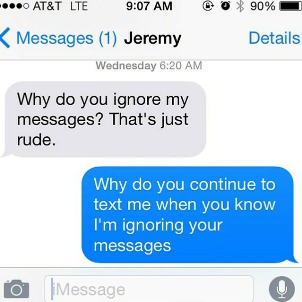 Relationship text showing one ignoring messages while other questions it