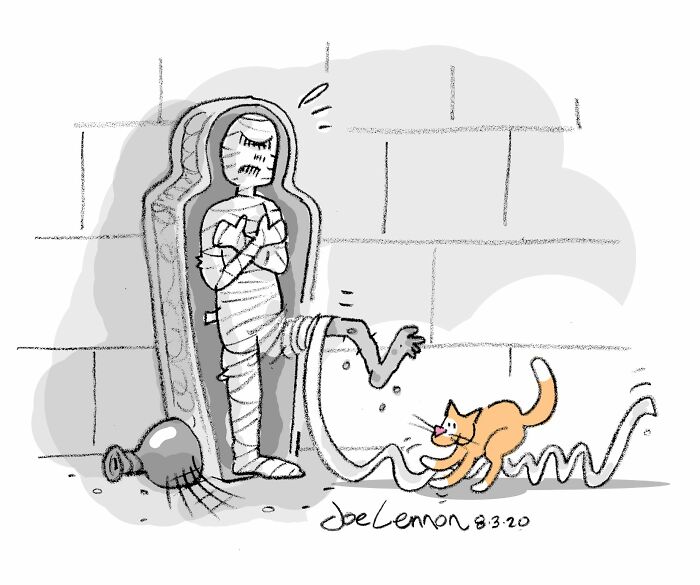 One-panel comic showing a mummy annoyed by a cat unraveling its bandages with main SEO keyword funny moments