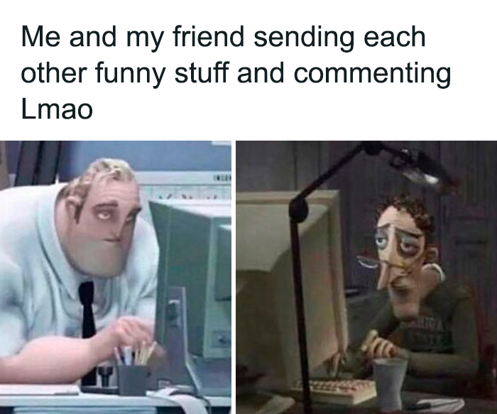 Animated characters sharing funny stuff and commenting lmao from random memes collection