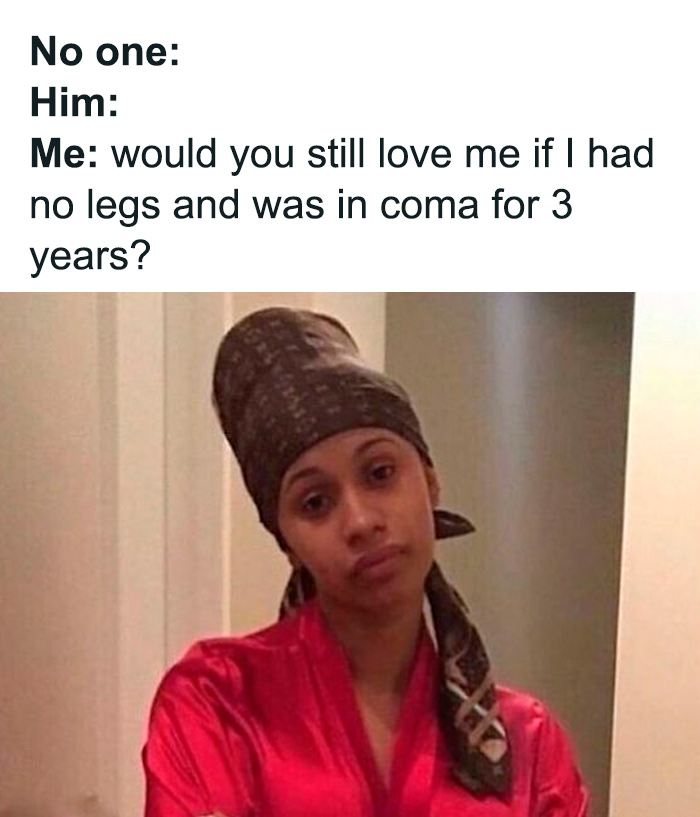 Person in headscarf with text asking about love in coma scenario meme