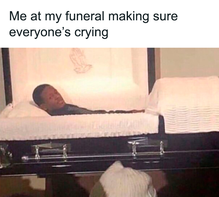 Meme showing a person lying in a casket ensuring everyone is crying