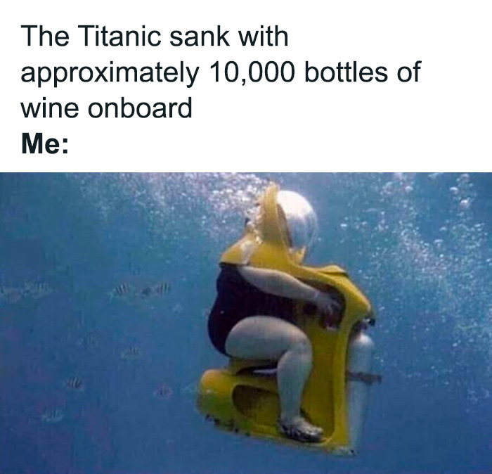 Person underwater riding scooter reacting to Titanic wine meme