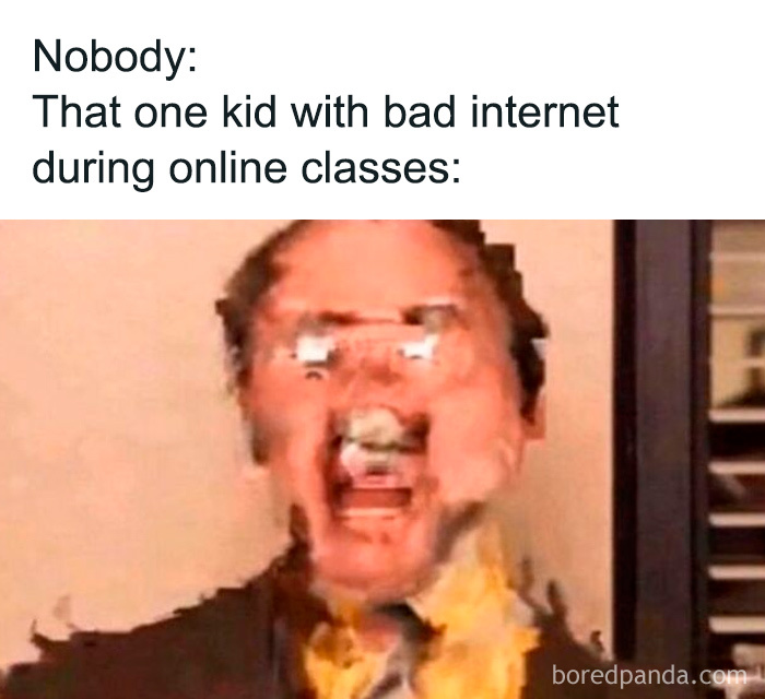 Blurry distorted face of kid with bad internet during online class meme