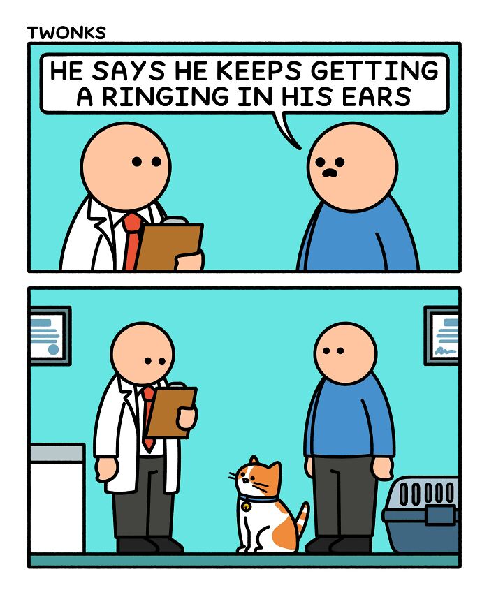 Funny comic by Steve Nelson of a doctor asking a patient about ringing ears, then the patient's cat meows.