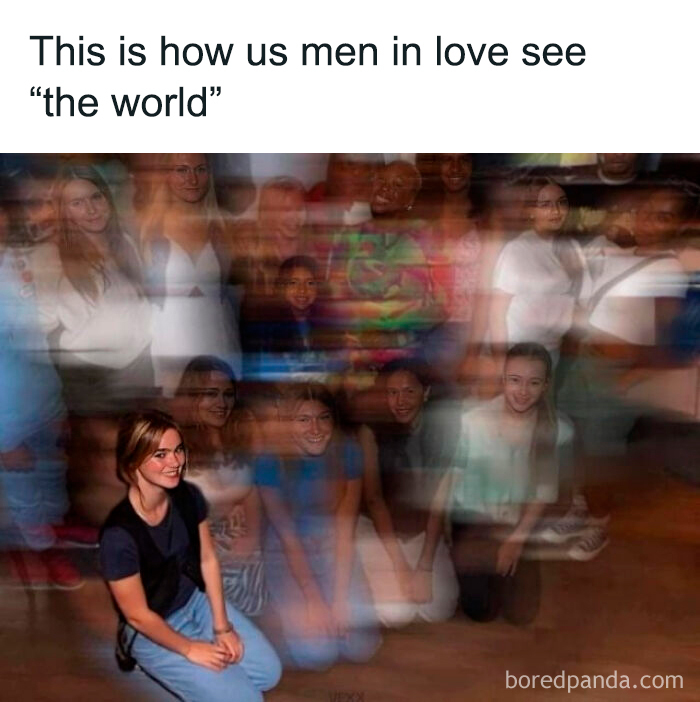 A meme titled This is how us men in love see the world, showing a man focused on one woman amidst blurry others, a sweet post about love.
