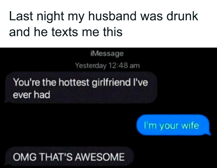 A text message exchange about a husband calling his wife his hottest girlfriend, highlighting online community love.