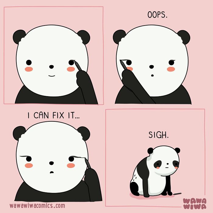 A Wawawiwa comic depicting a panda attempting to apply eyeliner, making a mess, and then sighing in defeat.