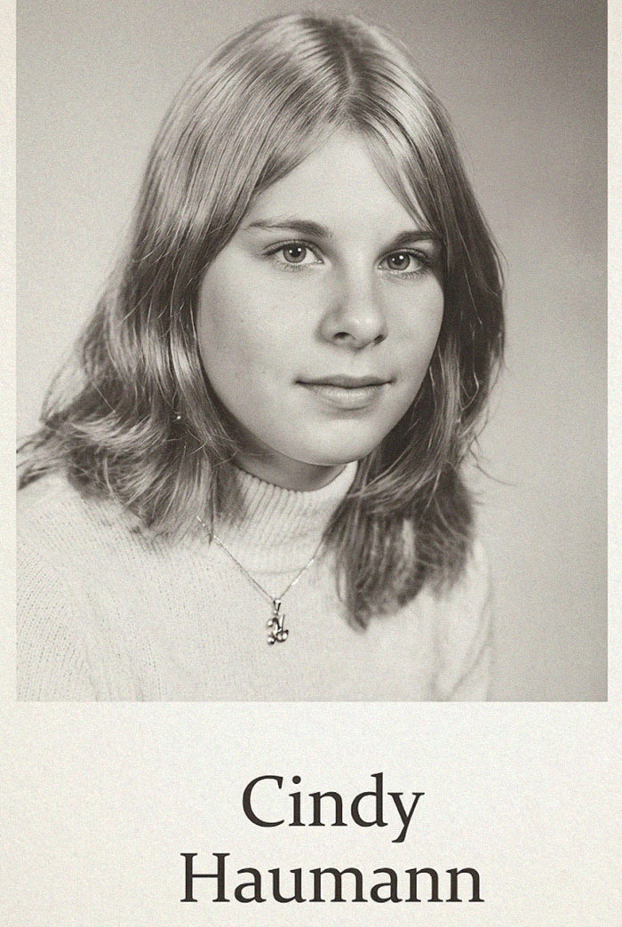 Black and white portrait of Cindy Haumann, a real person from a terrifying horror story
