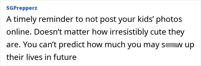 A screenshot of a comment from SGPrepperz about not posting kids photos online due to fake photos. A screenshot of a comment from SGPrepperz about not posting kids photos online due to fake photos.
