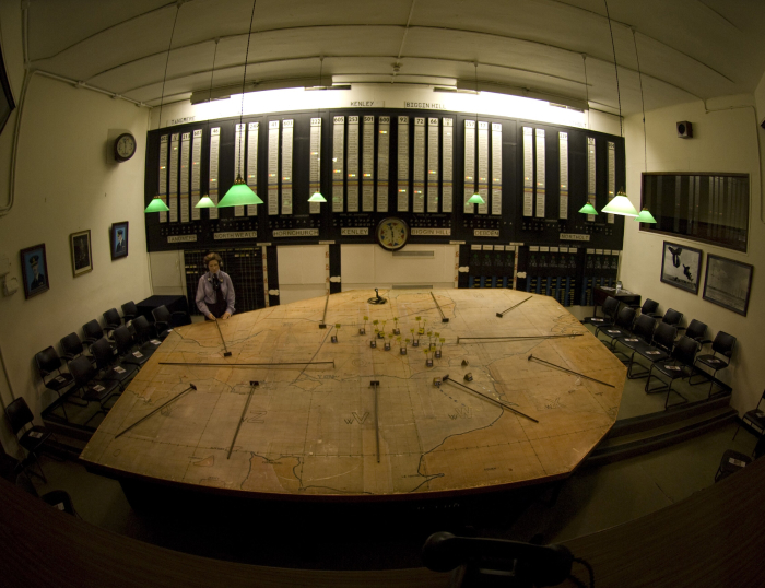 Battle Of Britain Bunker. Control room inside secret underground bunker with large map and monitoring panels