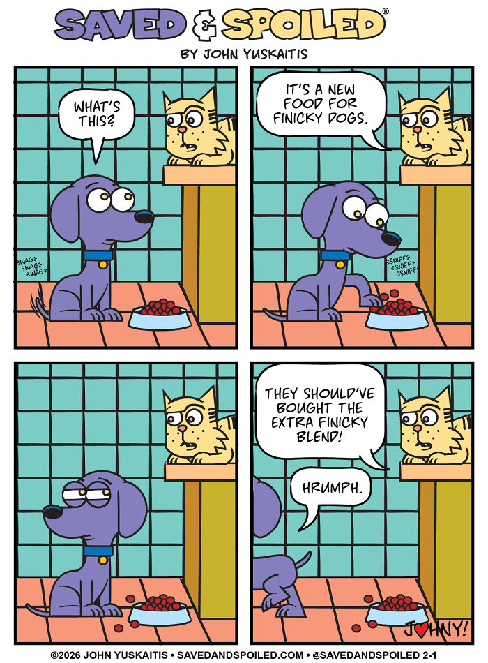 Dog and cat react to new dog food in pet comic