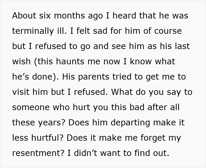 Screenshot of text about terminal illness, refusal to visit, and the complexity of an inheritance and an apology.