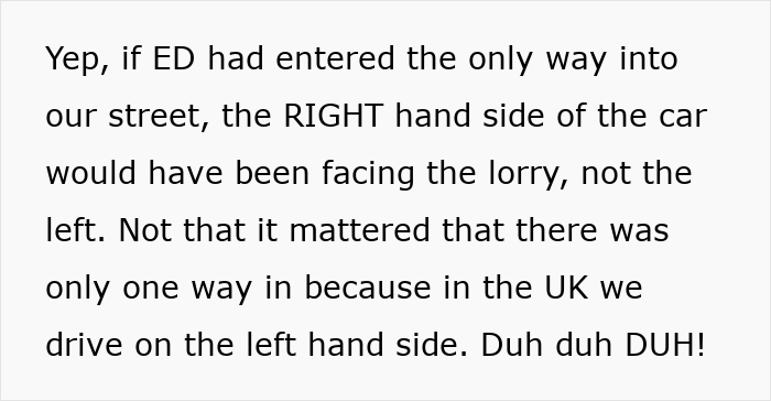 Text explaining the correct side of car facing the lorry in UK driving context Text explaining the correct side of car facing the lorry in UK driving context