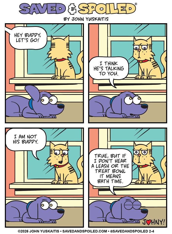 Dog and cat discuss bath time with comic dialogue