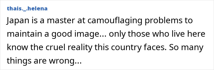 Screenshot of a comment revealing the dark side of Japan, stating the country camouflages problems.