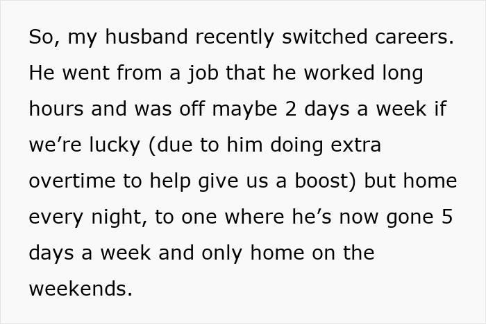Text describing husband's career change leading to less home time