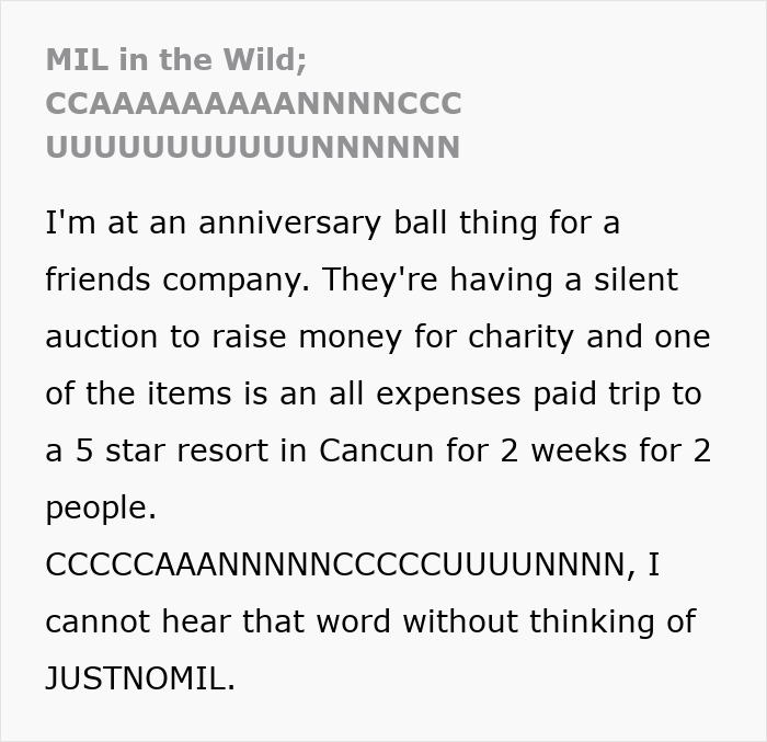 Text detailing a mother-in-law's drunken tantrum over a honeymoon trip with her son for a hotel resort.