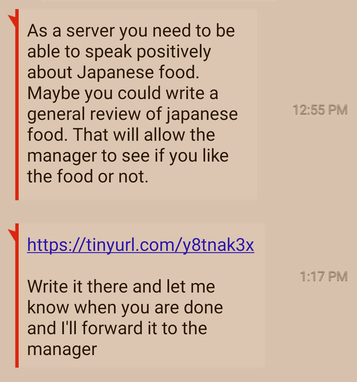 A close-up of a text message showing instructions for a potential employee to write a review, part of a restaurant scam.