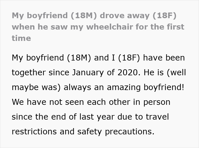 Text excerpt about boyfriend driving away upon seeing wheelchair first time Text excerpt about boyfriend driving away upon seeing wheelchair first time