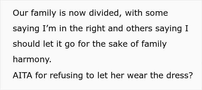 Text snippet detailing family division due to a brother's fiancée's tantrum over a dress. Text snippet detailing family division due to a brother's fiancée's tantrum over a dress.