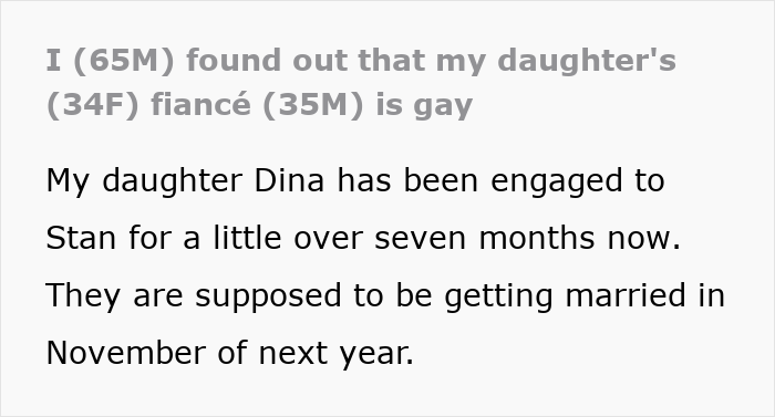 Text about discovering daughter's fiancé is gay and their engagement plans Text about discovering daughter's fiancé is gay and their engagement plans