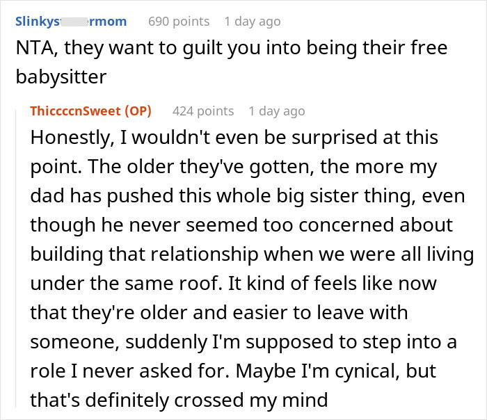 A Reddit comment section discussing a father replacing his daughter with stepkids, demanding she act like family. A Reddit comment section discussing a father replacing his daughter with stepkids, demanding she act like family.