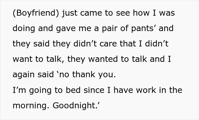 A woman receives pants from her boyfriend, while refusing to talk to her parents who wanted to confront her.