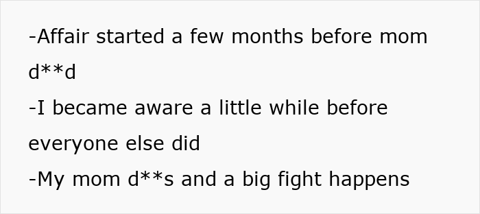 Timeline text outlining affair starting before mom's d***h and resulting conflicts Timeline text outlining affair starting before mom's d***h and resulting conflicts