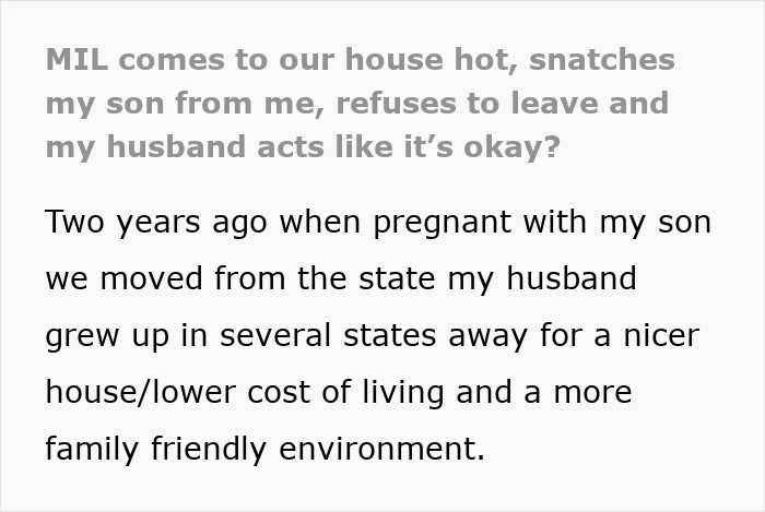 Screenshot of text about MIL snatching son, refusing to leave before a family vacation. Screenshot of text about MIL snatching son, refusing to leave before a family vacation.