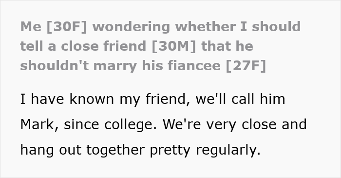 Text about a woman thinking if she should tell friend not to marry fiancee Text about a woman thinking if she should tell friend not to marry fiancee
