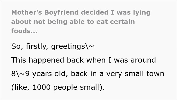 Screenshot of text about a mom's boyfriend thinking a kid is faking a food issue.