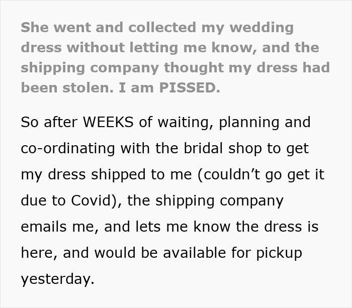 Mom Steals Bride's Wedding Dress, Has The Nerve To Lie When It's Literally Lying In Her House